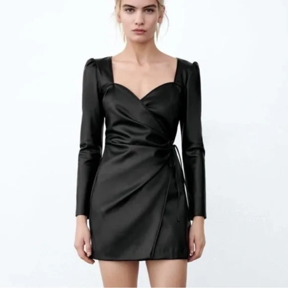 House of Harlow 1960 Dresses | House of Harlow 1960 Tied Faux Leather Crossover Wrap Mini Dresses Long Sleeve | Color: Black | Size: S | Bapaisle's